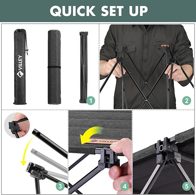 VILLEY Folding Camping Table with Carry Bag, Portable Lightweight Beach Table with Oxford Fabric and Reinforced Aluminum Panel for Outdoor, Camping, Picnic, Backyards, BBQ