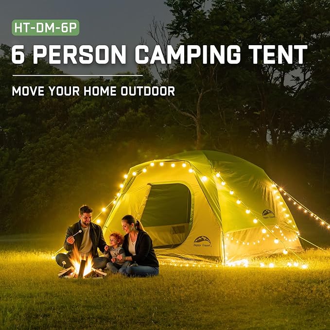 Happy Travel Camping Tent, 4/6 Person Dome Tents for Camping with Rainfly, Waterproof Clip Easy Setup Portable Family Tent with Mesh Windows, 20% More Headroom Backpacking Tents for Camping & Hiking