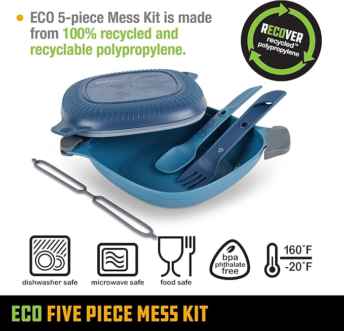 UCO Recycled ECO 5-Piece Camping Mess Kit with Bowl, Plate, Switch Spork Utensil Set
