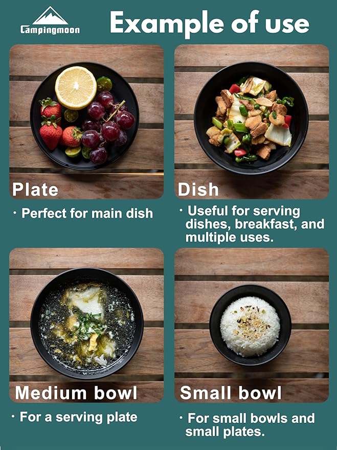 CAMPINGMOON 8pcs Camping Mess Kit Φ4.7"~Φ7" Bowls Plates Black BKS395-2S