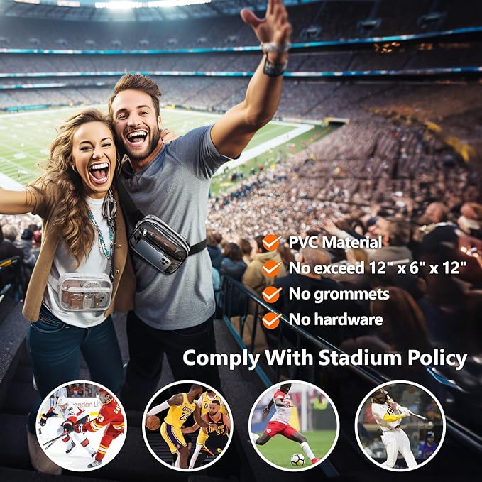 Packism Clear Fanny Pack Stadium Approved - 2-Pack Plus Size 35-51 inches Adjustable Strap Clear Belt Bag for Women Men Transparent Waist Bag for Concerts, Sporting Events, 1 Black & 1 White
