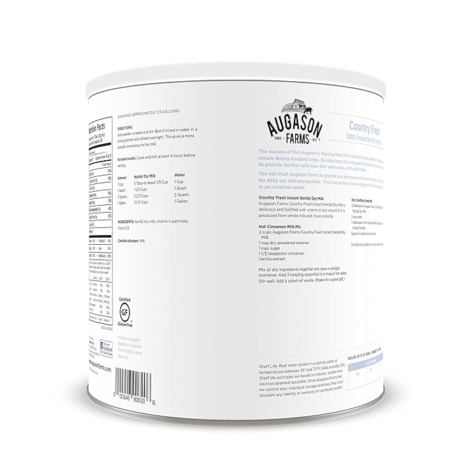 Augason Farms Country Fresh Instant Nonfat Dry Milk Can, Emergency Food Supply, Everyday Meals, 39 Servings