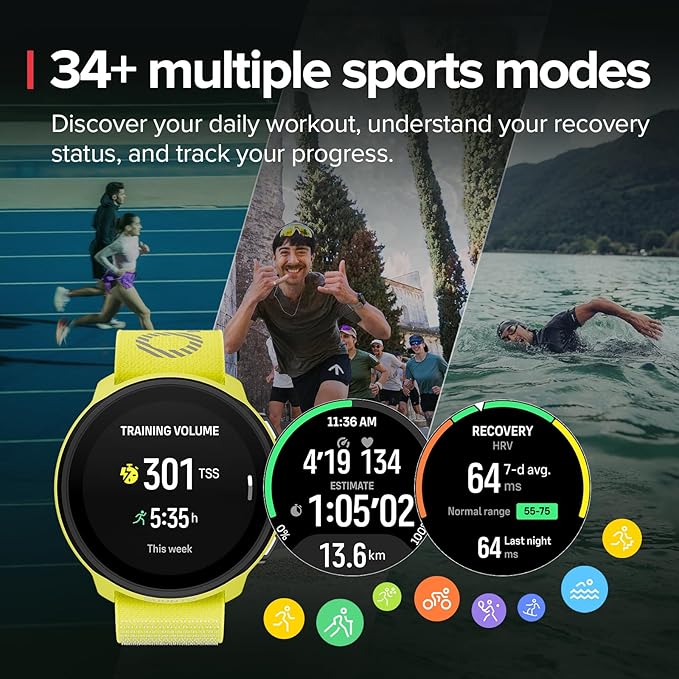 SUUNTO Run Sports Watch, 1.32" AMOLED Touchscreen w/Crown Button, 12D Battery Life, Dualband Accurate GPS, Running Wrist Heart-Rate & Sleep Health Tracking, 35g Lightweight & 4GB Offline Music, Lime