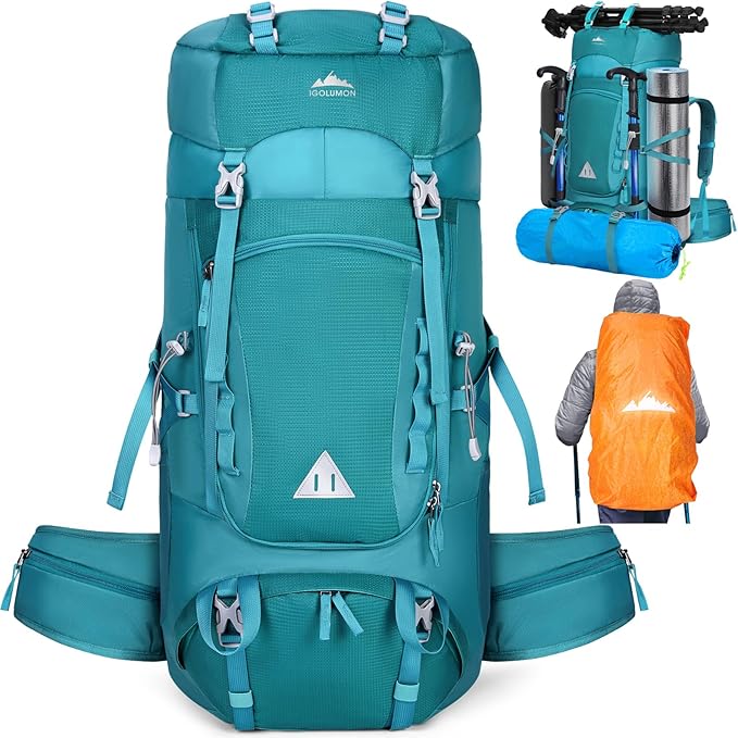 IGOLUMON 60L Hiking Backpack Waterproof Camping Backpack with Rain Cover Large Lightweight Backpacking Backpack for Men Women