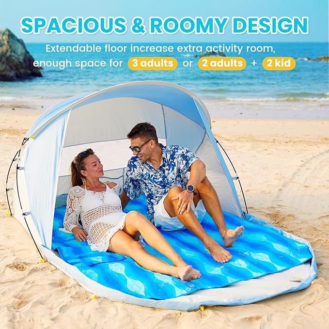 #WEJOY Beach Tent for 3-4 Person Portable Beach Shade Sun Shelter Canopy with UPF 50+ UV Protection Carrying Bag Stakes for Beach Camping Hiking
