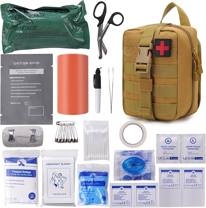 IFAK Trauma First Aid Kit Molle Pouches Emergency Survival Kit for Tactical Military Car Travel Hiking Camping with Vented Chest Seal, Israeli Bandage, Splint, Thermal Blanket, Gloves