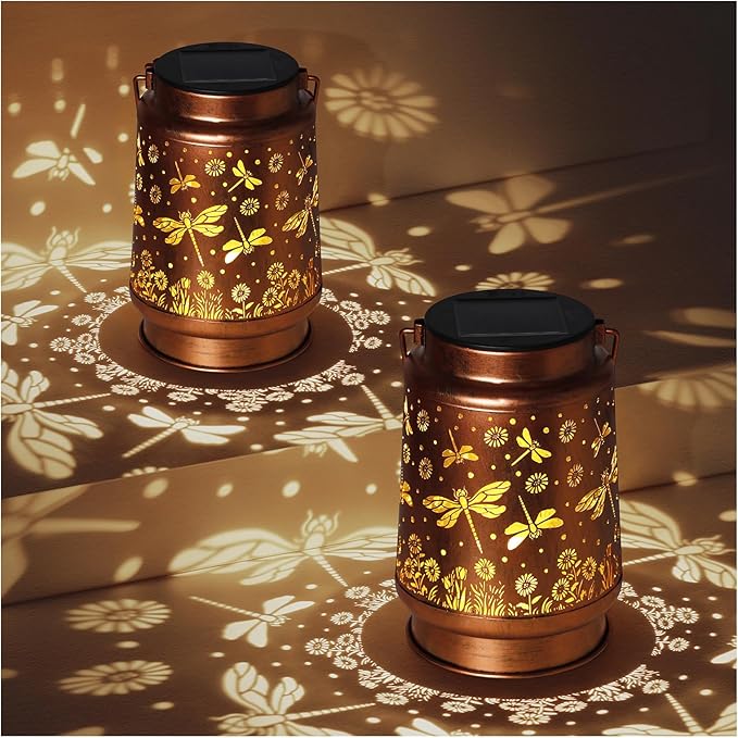 2 Pack Dragonfly Solar Lanterns Outdoor Waterproof Rose Garden Decor Gifts for Women Mom Grandma Hanging Solar Lights Metal Lantern Decoration Outside for Yard,Patio,Backyard,Porch