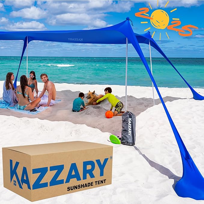 Beach Tent UPF50+ Sun Shade Canopy with Sandbags, 4 Stability Poles, Ground Pegs, Flying Disc Sand Shovel, Lightweight Sunshade Shelter, 7ft Tall for Outdoor Trips, Camping and Sports