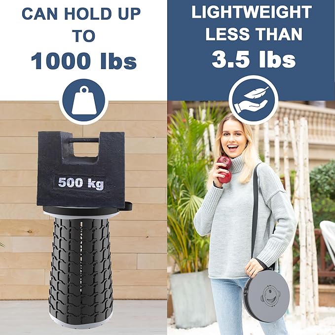 ALEVMOOM 2025 Upgraded XXL Collapsible Stool with Cushion 19.7",1000lbs Max Weight,Wider & Taller Seat, Heavy Duty Portable Retractable Folding Chair or Travel Foot for Camping & Outdoors(Grey)