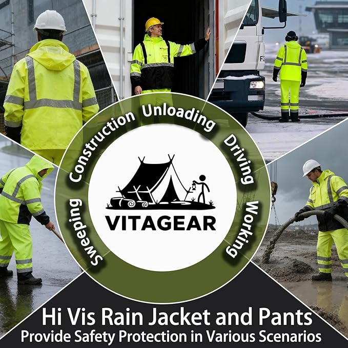 Hi Vis Class 3 Safety Rain Jacket for Men Waterproof, Reflective High Visibility Rain Gear Construction Rain Suit (Yellow-Black 4XL/5XL)