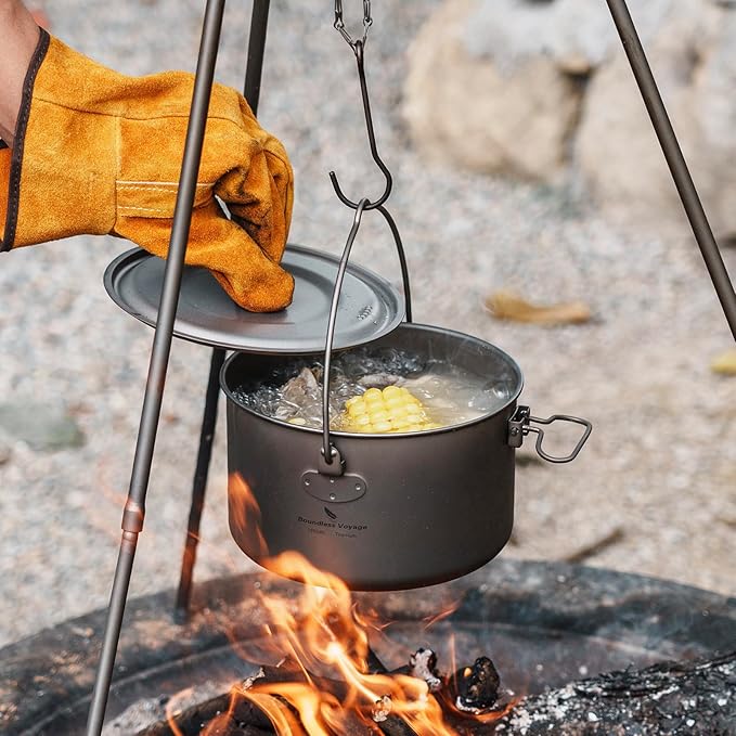 iBasingo 1.95L (1950ml) Titanium Pot with Lid Ultralight Camping Cookware for Backpacking, Hiking & Outdoor Cooking, Compact Backpacker Pot with Measurement Marks, Folding Handle Ti2044C