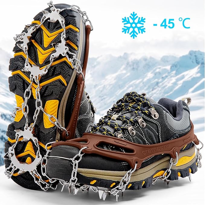 Crampons Ice Cleats Traction Snow Grips for Boots Shoes Women Men Anti Slip 19 Stainless Steel Spikes Safe Protect for Hiking Fishing Walking Climbing Mountaineering