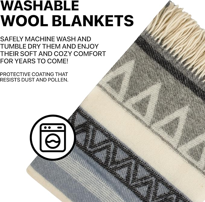 New Zealand Virgin Wool Throw Blanket, Indoor & Outdoor Blankets and Throws, Soft Blanket with Fringes, 55 x 79 in (140 x 200 cm), Beige Gray Blue
