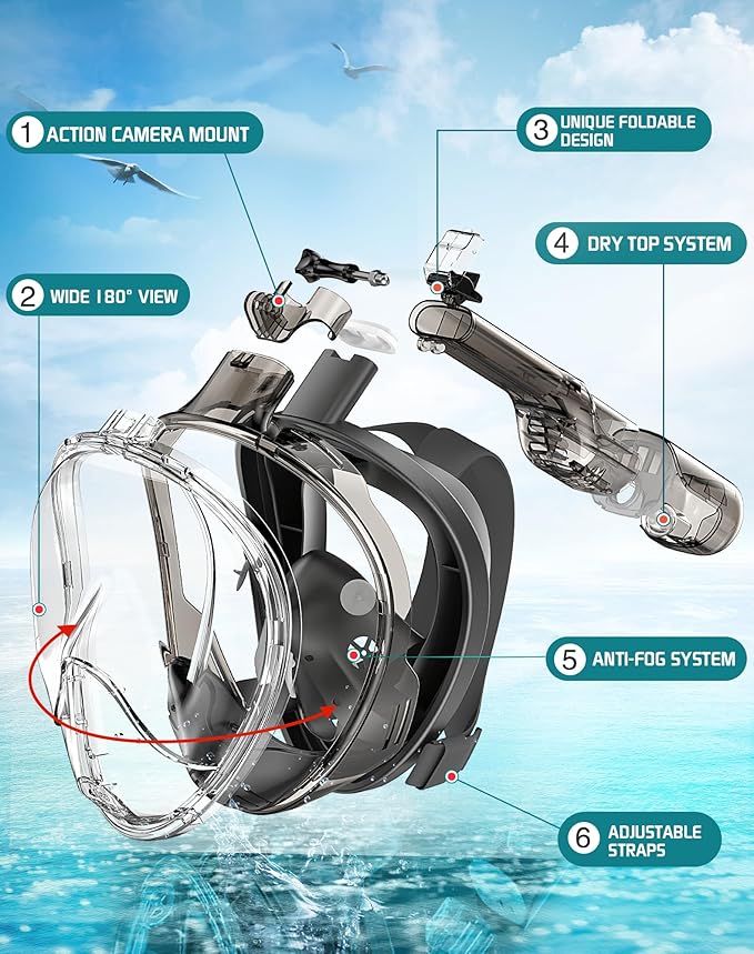 Greatever Full Face Snorkel Mask, Snorkeling Gear for Adults with Latest Dry Top Breathing System and Detachable Camera Mount, Foldable Snorkel Mask Adult, Snorkels Anti-Fog & Anti-Leak