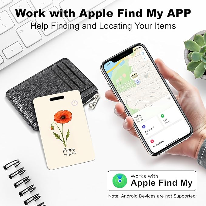 Wallet Tracker Card (iOS Only), Rechargeable Bluetooth Smart Tracking for Apple Find My Compatible Anti Tracker for Men Women Slim Item Locator for Purse Passport Key Luggage Tag (1Pcs/AUG FLR)