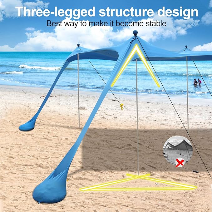 Beach Tent Sun Shelter with UPF 50+ UV Protection, Beach Canopy Sun Shade 11x11 FT with Sandbags, Poles and Ground Pegs and Anti-Wind Ropes, Pop Up Tent for Camping, Backyard and Picnics