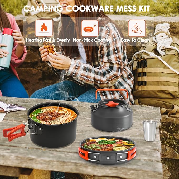 20Pcs Camping Cookware Mess Kit, Non-Stick Lightweight Camping Pots and Pans with 1.1L Kettle, 2 Set Stainless Steel Cups Plates Forks Knives Spoons for Backpacking, Hiking, Outdoor Cooking