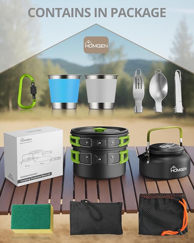 HOMGEN 12-Pieces Ultralight Anodized Aluminum Camping Cookware Set for 2 People - Nesting Pot/Pan with Foldable Handles 800ml Insulated Teapot & Stainless Cups for Camping Hiking