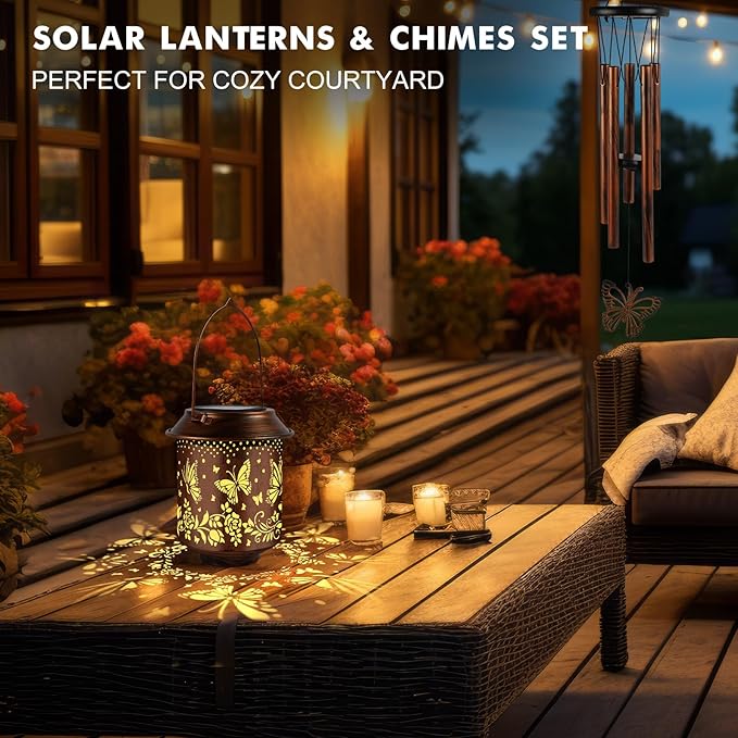 Solar Lanterns with Wind Chimes - Garden Decor Set Includes Greeting Card & Gift Wrap Paper, Patio Yard Birthday Gifts for Women, Solar Lanterns Outdoor Waterproof (Butterfly)