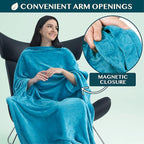 PAVILIA Travel Blanket and Pillow, Arms Opening Airplane Blankets for Adults, Compact Plane Blanket with Arm Hole 2-in-1 Bag for Flight Car Camping Fit in Luggage Backpack Traveler Gift, Teal Blue