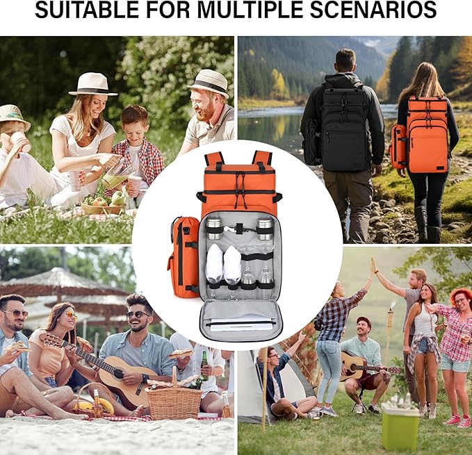 Backpack Cooler, 40 Cans Soft Leak Proof Picnic Backpack, Hanke Portable 2 Insulated Compartments Cooler Backpack Water Resistant for Lunch Beach Travel Camping Picnic Hiking (Orange)