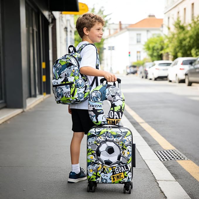 Rosamo Kid’s Luggage Set 6 Piece Suitcase Set 16" Hardside Luggage with Spinner Wheels Girls Boys Carry on Luggage Travel Rolling Luggage Airline Approved (Soccer)