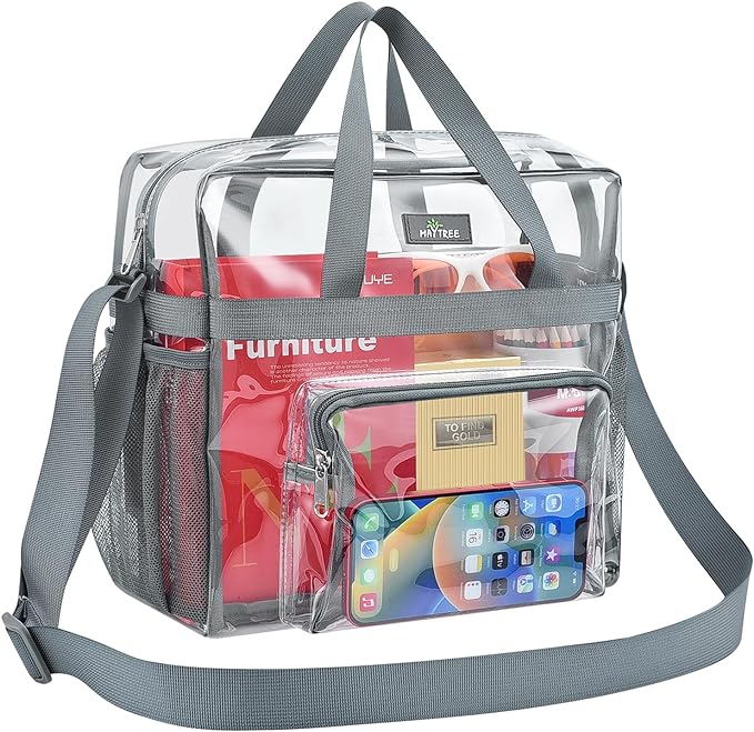 MAY TREE Clear Bag for Stadium Events 12×6×12 Clear Tote Lunch Bag with Reinforced Straps for Work, Sporting Events and Gym, Grey