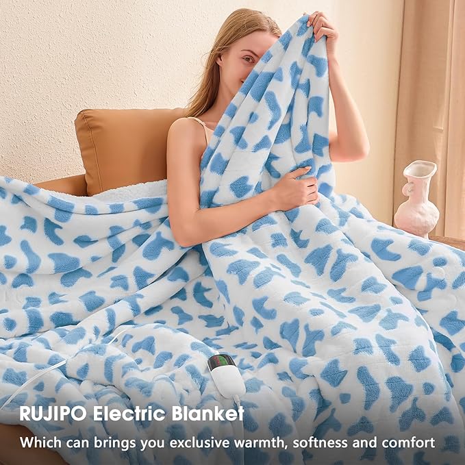 Cow Print Heated Electric Blanket Throw,50X60 Blue Heating Blanket with 10 Heats Levels & 8 Hours Auto Off,Cute Cow Decor Stuff Soft Fleece Sherpa Blankets Warmer Gifts for Women Washable,ETL
