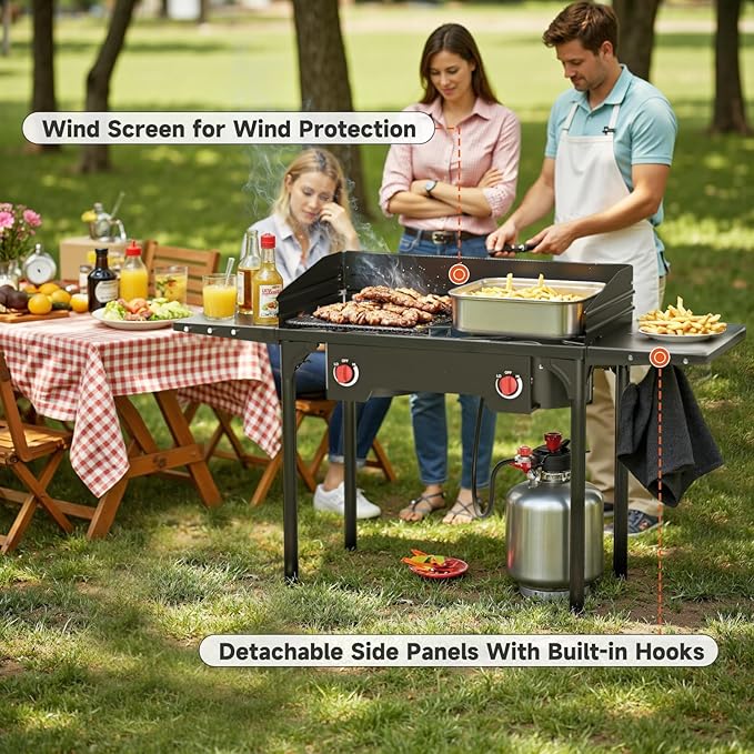 High Pressure Propane Stove, 2 Burner Outdoor Propane Burner with Windscreen ＆ Side Shelves, 150,000 BTU Gas Stove with 0-20 PSI Regulator for Camping, Backyard, Picnic, Outdoor Cooking