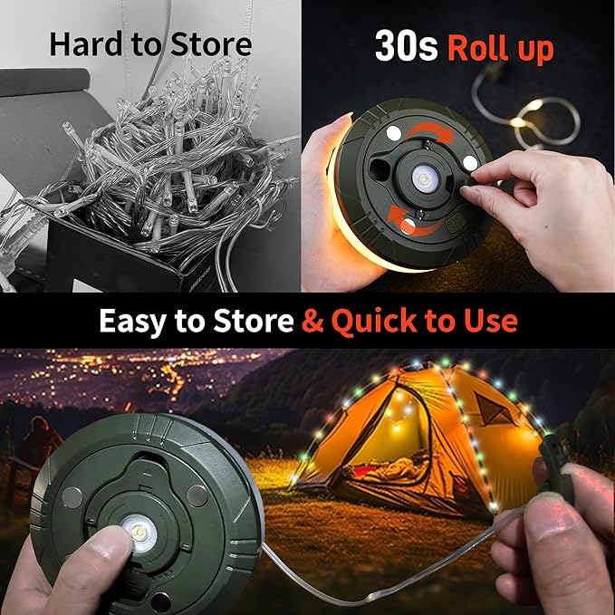 4 in 1 Camping String Lights 32.8FT Outdoor Quick Storage Camping Lights String & Lanterns, 8 Modes Retractable Camping Essentials Waterproof Camp Lights for Tent Gear