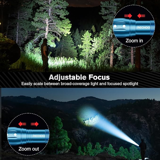 RECHOO LED Flashlight 2 Pack Blue, Tactical Flashlights High Lumens with 3 Modes, Pocket Small Flash Light, Waterproof Zoomable Flashlights for Home Emergency, Camping Essentials (Battery Included)