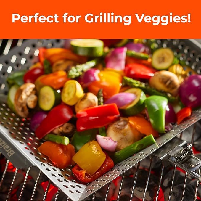 Heavy-Duty Stainless Steel Grill Basket – 12"x13.75" Large BBQ Basket with Removable Handle – Durable Grilling Basket for Vegetables, Fish & Meat – Outdoor Cooking Accessory with 4 Bonus Scrub Sponges