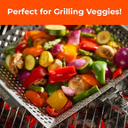 Heavy-Duty Stainless Steel Grill Basket – 12"x13.75" Large BBQ Basket with Removable Handle – Durable Grilling Basket for Vegetables, Fish & Meat – Outdoor Cooking Accessory with 4 Bonus Scrub Sponges