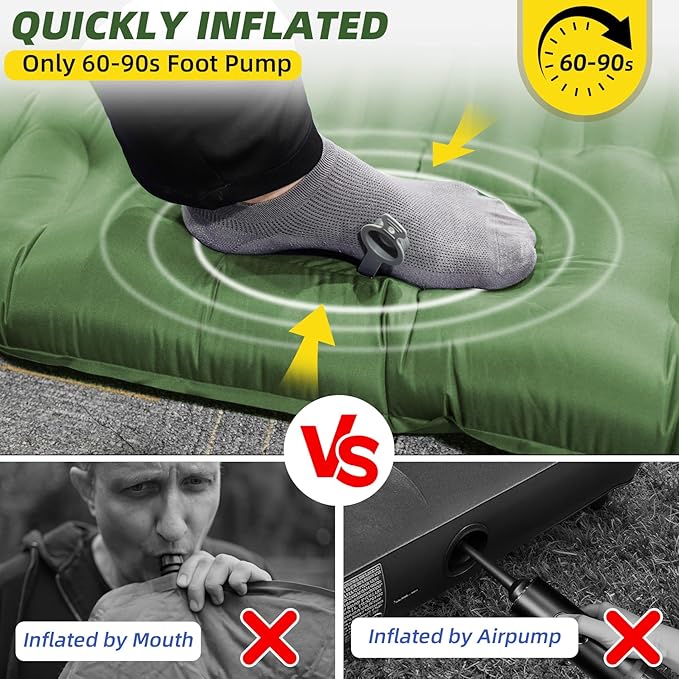 Sleeping Pad for Camping, 32.68 Inch Extra Wide Inflatable Camping Mat with Pillow and Built-in Foot Pump, Air Mattress 5.11 Inch Extra Thick for Tent (Army Green)