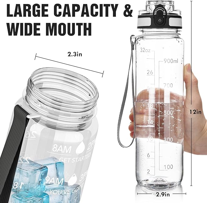 OLDLEY Water Bottle, 32oz Motivational Sports Water Bottle with Time Marker - Times to Drink - Tritan, BPA Free, Wide Mouth Leakproof, Clear (1 Bottle)