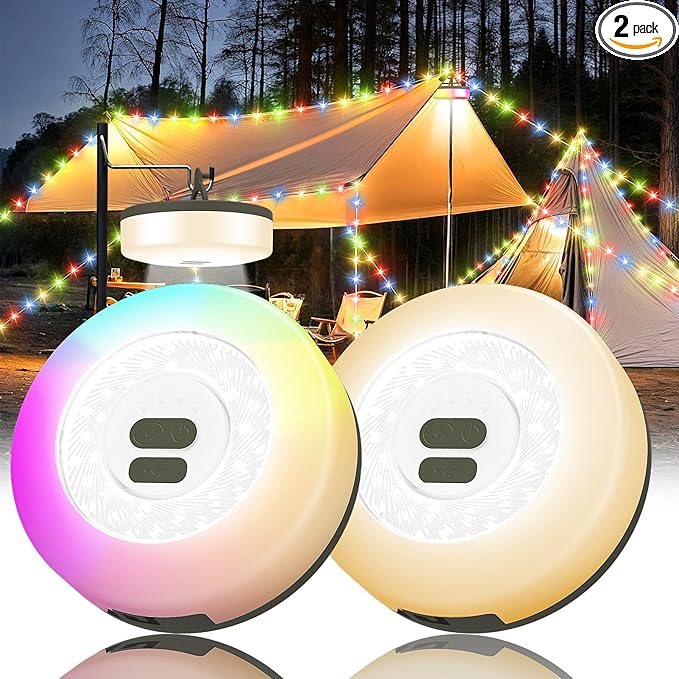 2Pack Camping String Lights, 4 in 1 Quick Storage 32.8FT Rechargeable Tent Lights with 9 Modes Hanging Waterproof Camp Lamp Camping Essentials for AwnTent Hiking Garden Bedroom Festival(Warm +RGB)