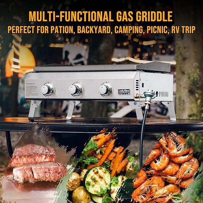 Tabletop Gas Griddle No Lid & Foldable Legs, 3-Burner BBQ Propane Flat Top Griddle, Portable Grill Stove for Outdoor Cooking Patio Party Camping Tailgating RV, Stainless Steel, GS311