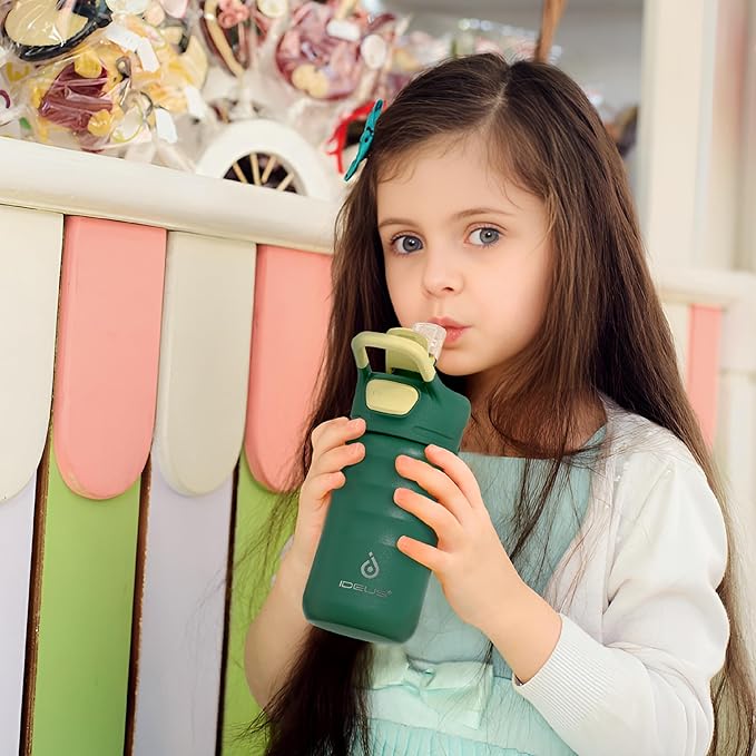 IDEUS Insulated Water Bottle 12oz, Stainless Steel Insulated Water Bottle For School, Insulated Bottles With Straws Leakproof, Vacuum Double Wall Water Bottles For Boys And Girls With 2 Lids, BPA Free