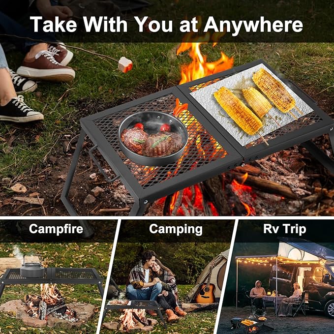 Odoland Folding Campfire Grill, Heavy Duty Steel Mesh Grate with Folding Legs and Storage Bag, Portable Camping Grates, Over Fire Pit Grill Rack for Outdoor Cooking and Bonfire