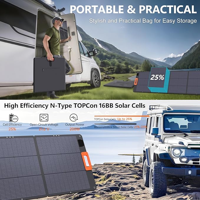 N-Type 16BB 200W Portable Solar Panel for Power Station,ETFE Foldable Solar Panel High 25% Efficiency IP68 Waterproof Solar Panels Kit for Outdoor Camping RV Backuot