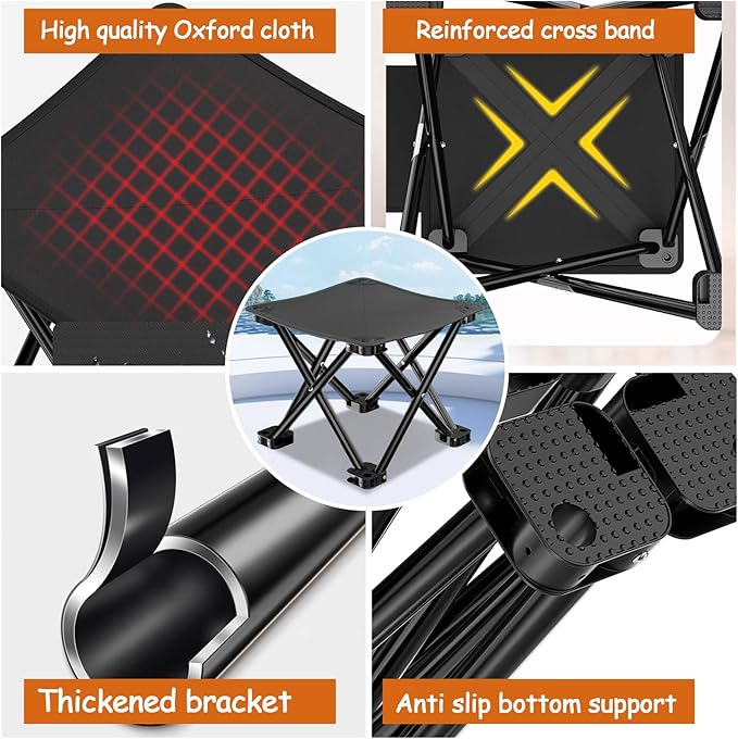 2 Pairs Camping Stool, 13 InchLightweight Folding Camping Chair, Lightweight Folding Stool Seat with Side Pocket and Carry Bag for Outdoor Hiking, Fishing, Picnic, Beach and Lawn Party