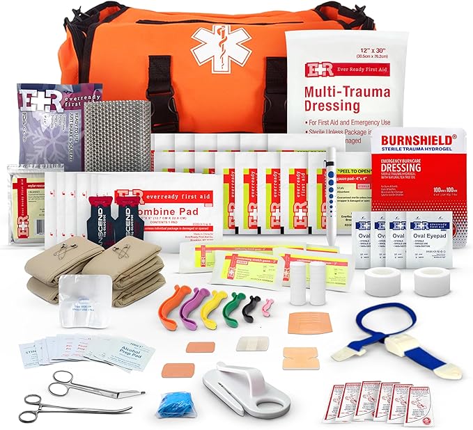 First Responder Trauma First Aid Kit Bag – Fully Stocked Emergency Medical Kit for Workplace, Vehicle & Home – OSHA & ANSI Compliant – Portable – Orange