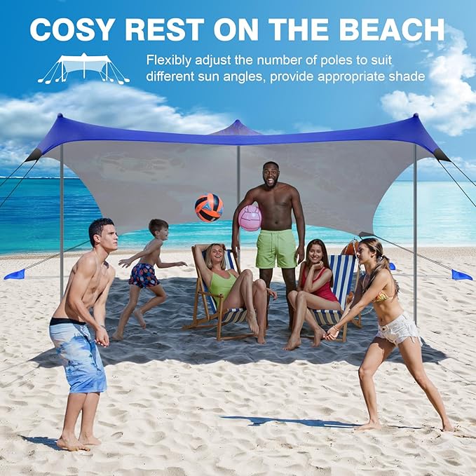 Rhino Valley Beach Tent Shade Canopy UPF50+ Protection, 8 Sandbags, 4 Stability Poles, Outdoor Sun Shelter Umbrella for Sand, Camping, Fishing Essentials