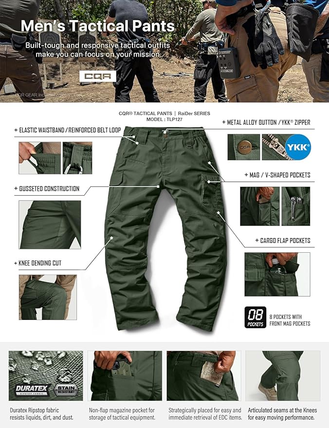 CQR Men's Tactical Pants, Water Resistant Ripstop Cargo Pants, Lightweight EDC Work Hiking Pants, Outdoor Apparel