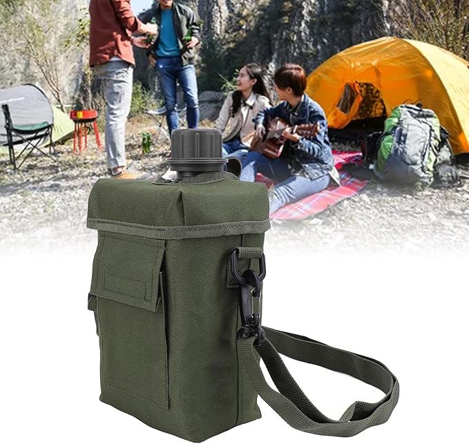 Outdoor - 2L Portable Water Canteen with Waist Bag, Multi Fuctional PVC Flat Camping for Surplus or Bushcraft Gear (OD Green)
