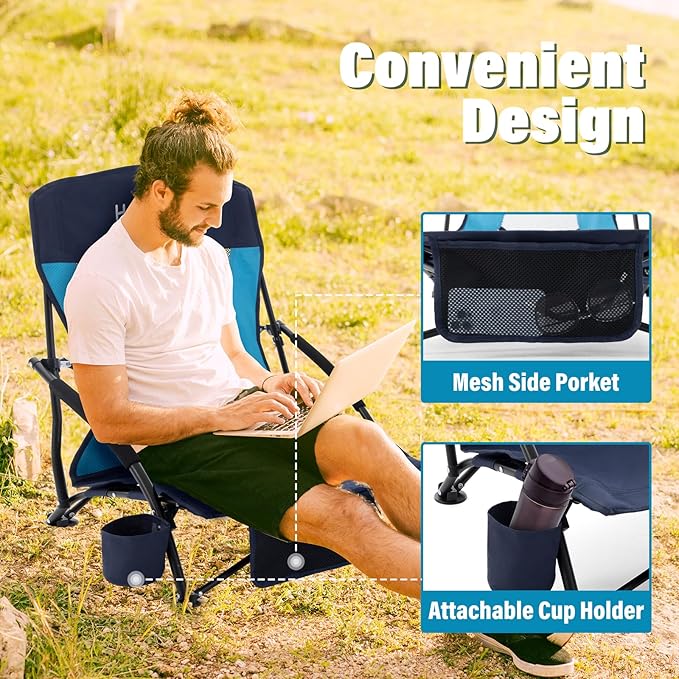 Homcosan Portable Low Folding Beach Chairs Set of 2 - Lightweight Camping Chairs for Adults with Cup Holder & Storage Pockets, Carry Bag Included (Navy & Blue)