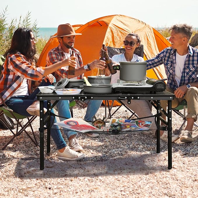 REDCAMP Small Triple fold Folding Grill Table for Outside, 3 Heights Adjustable Lightweight Portable Metal Aluminum Frame Outdoor Table for Camping Picnic Cooking BBQ, Black, 34x16 inches