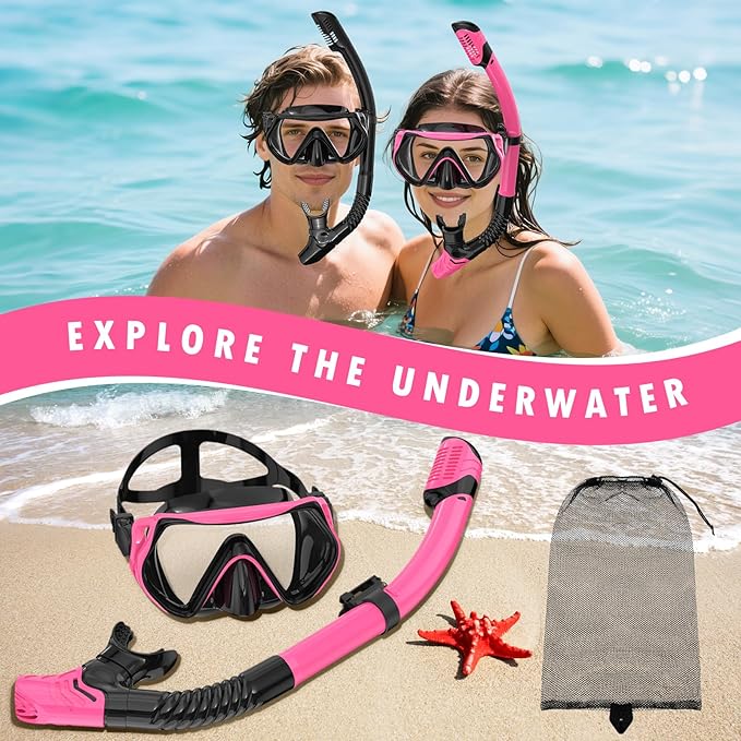 Snorkeling Gear for Adults, Adult Snorkel Mask Set Scuba Diving Dry-Top, Swimming Goggles w/Nose Cover, HD Tempered Glass Panoramic Anti-Leak Anti-Fog, Travel Snorkeling Packages Storage Bag, 2 Pack