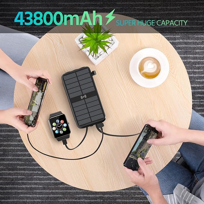 Solar Charger, Power Bank, Portable Charger,43800mAh QC3.0 Fast Charger Qi 10W Wireless Charger 4 Solar Panel Built-in 2 Kinds Output Cable and 680Lumen flashlights