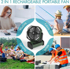 KITWLEMEN Camping Fan with Light - 20000mAh Rechargeable Battery Fan, 60Hrs Max Run Time, 4 Speeds, Timer, Auto Oscillation, 270° Pivot & Hook for Camping, Power Outage, Hurricane